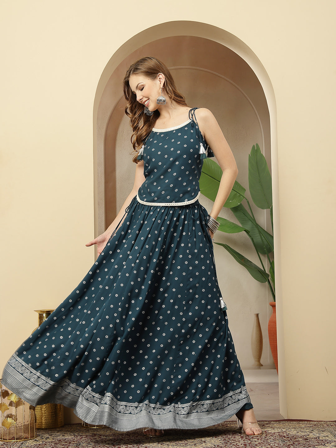 Ethnic Printed Rayon Vest Top With Skirt