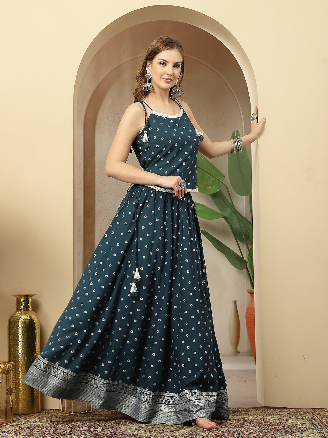 Ethnic Printed Rayon Vest Top With Skirt