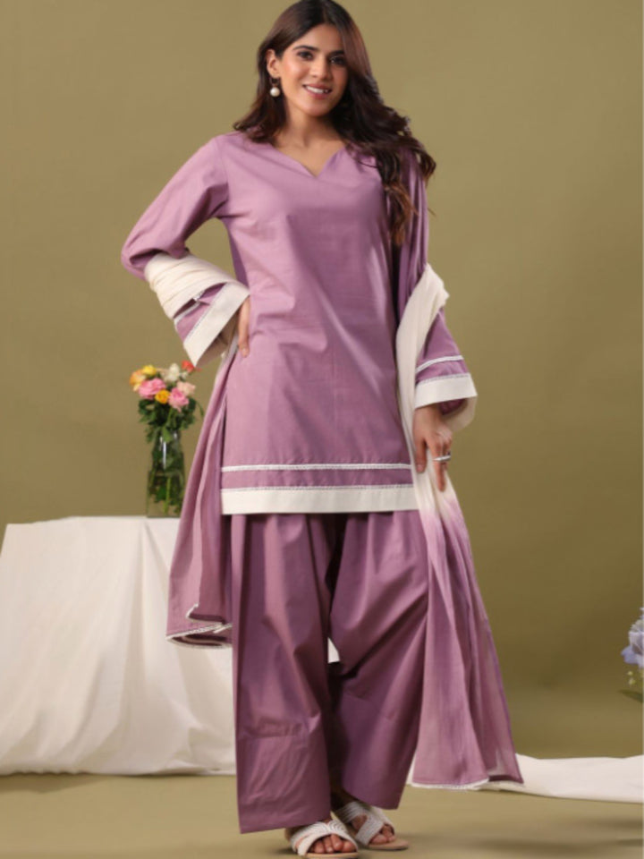 Cotton Solid Long Sleeves Kurta Set With Dupatta
