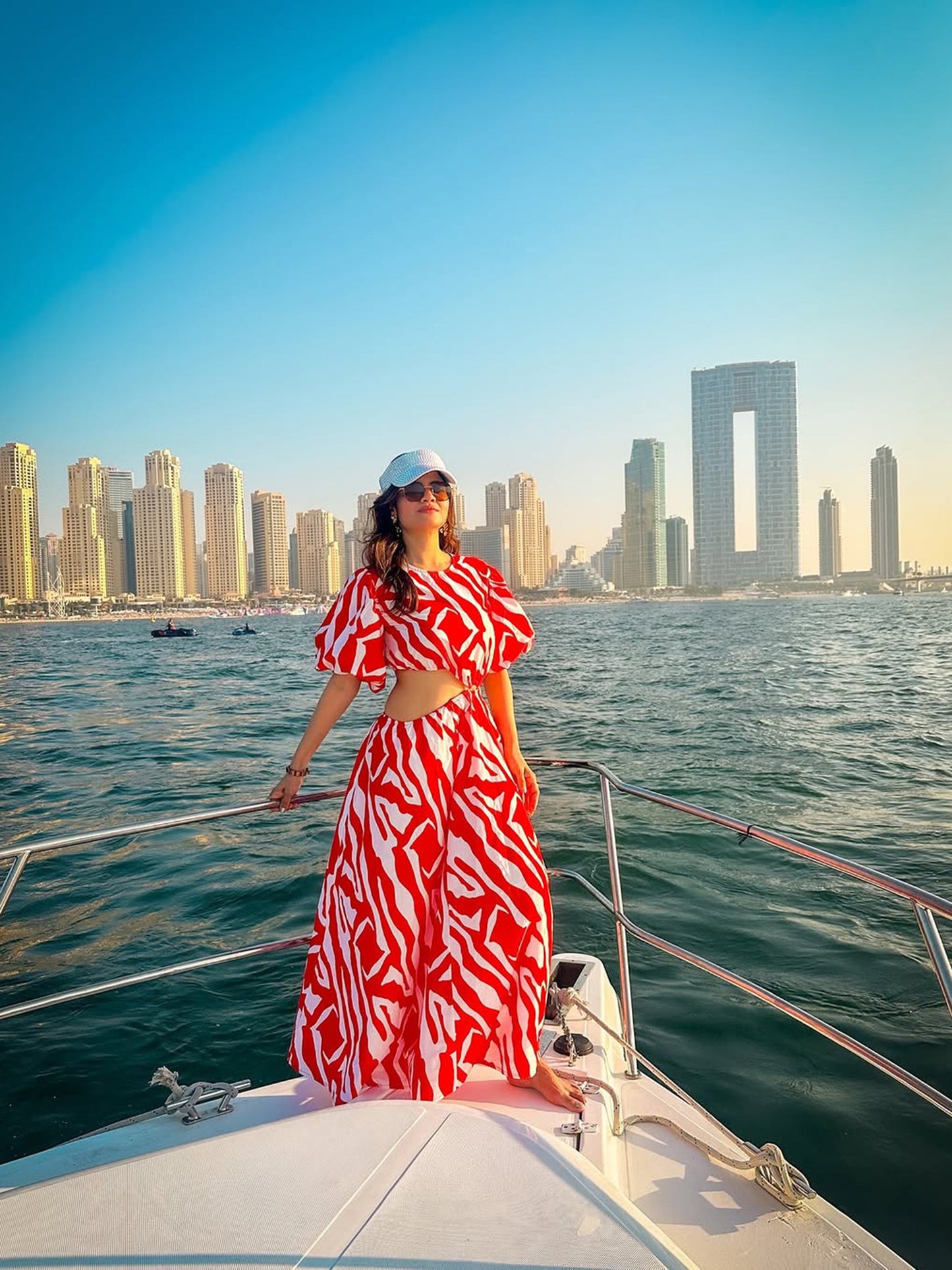 Red & White Printed Side Cut Out Midi Dress