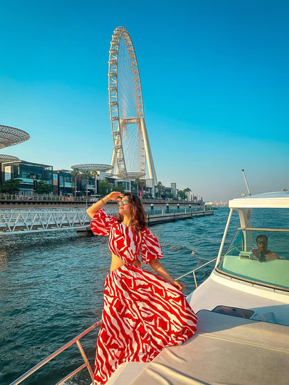 Red & White Printed Side Cut Out Midi Dress