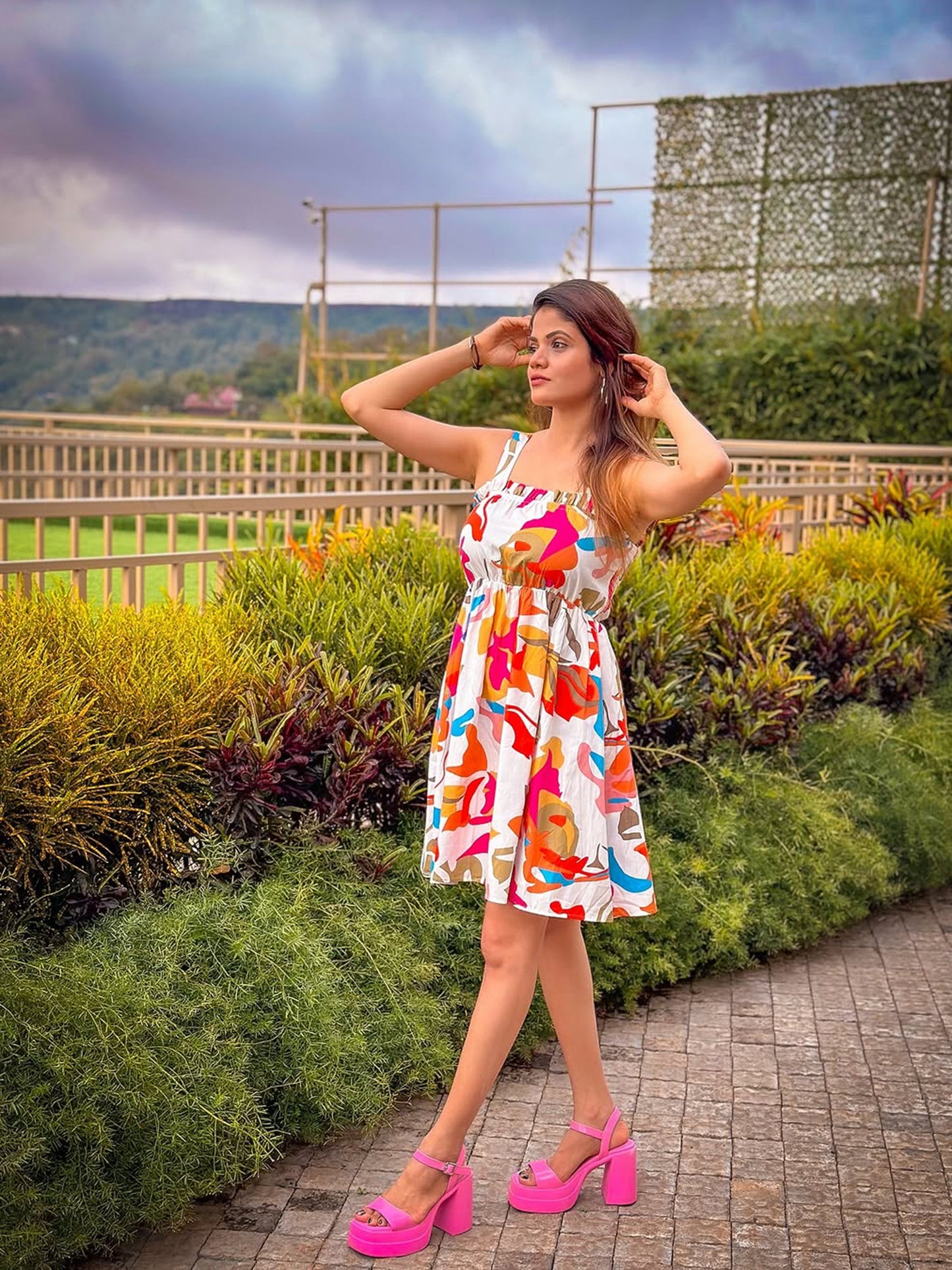 Women Orange Poplin Abstract Ruffle Neck Smocked Skater Dress