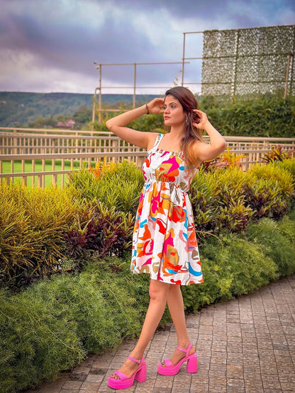 Women Orange Poplin Abstract Ruffle Neck Smocked Skater Dress