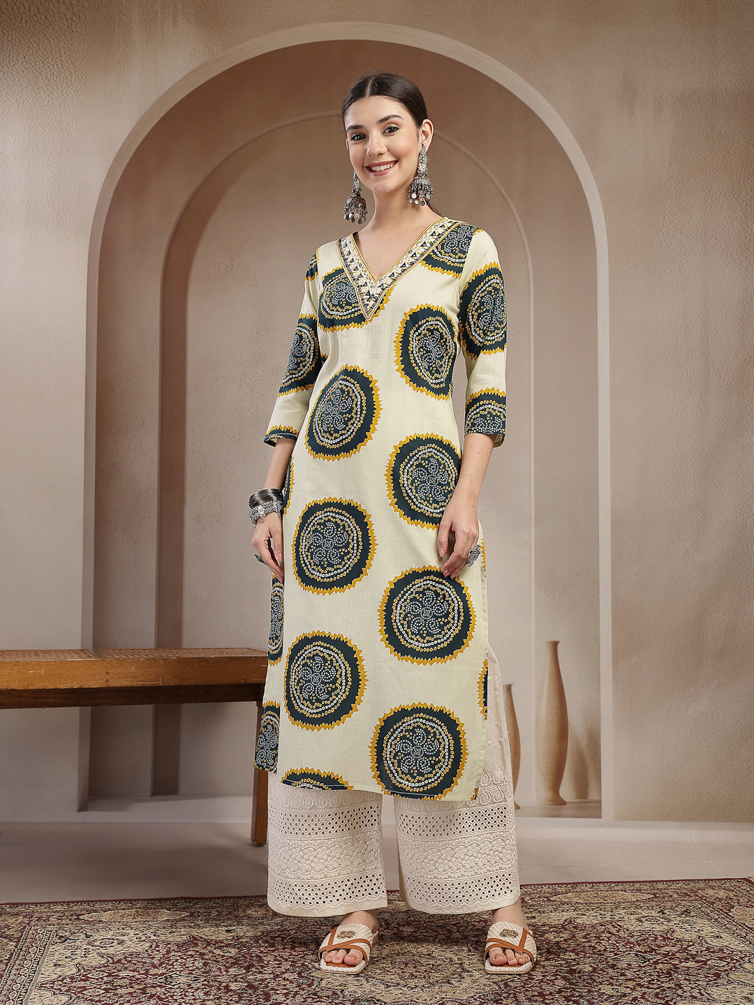 Bandhej Printed Cotton Straight Kurta