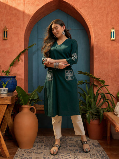 Solid & Embroidered Cotton Flex Straight Kurta