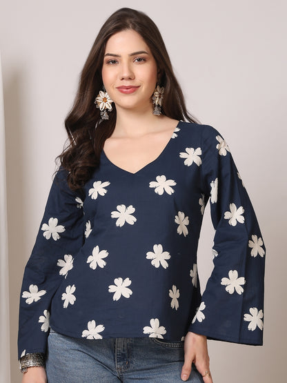 Printed Cotton Long Sleeves Top