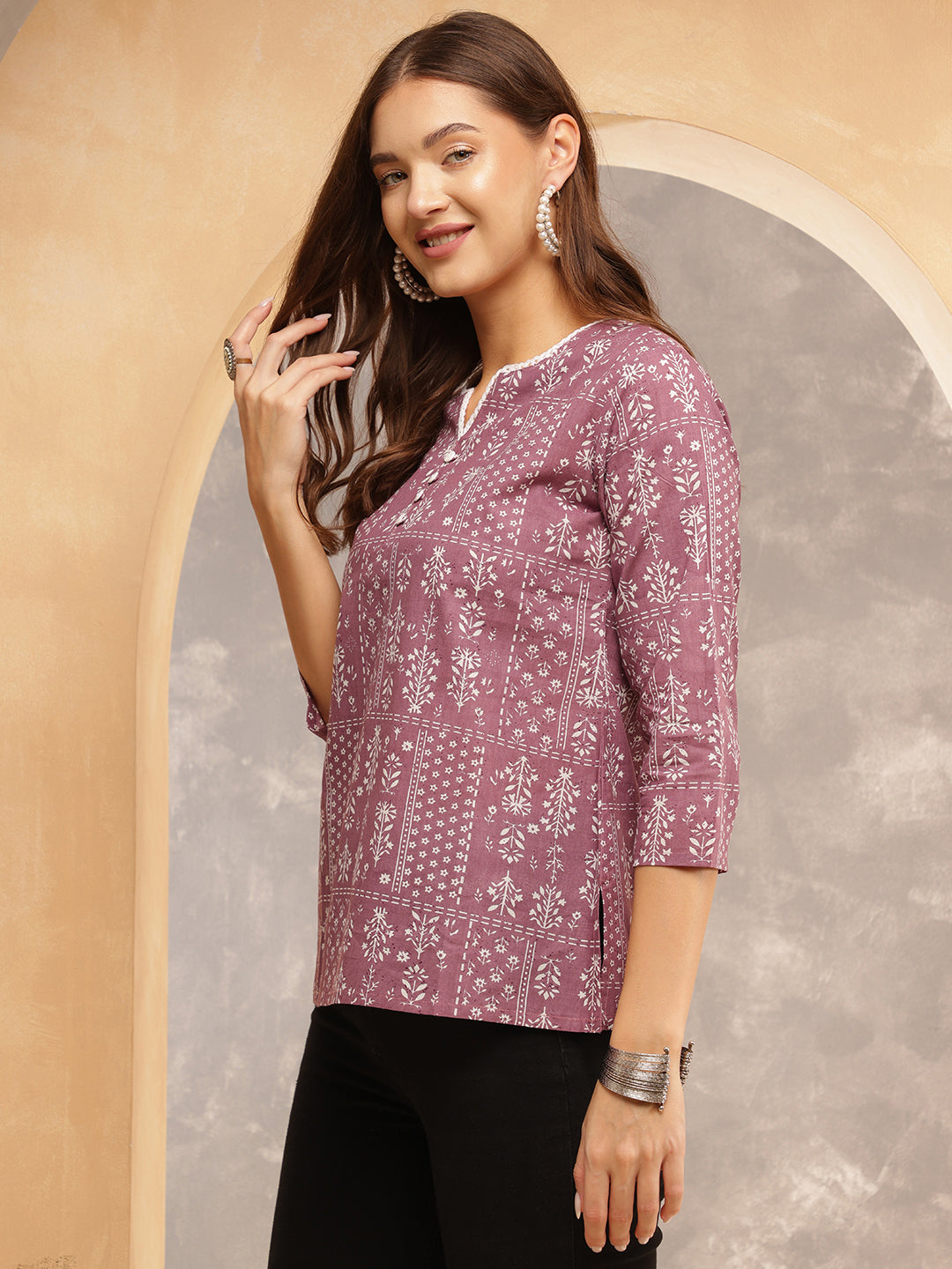 Printed Cotton Three-Quarter Sleeves Top