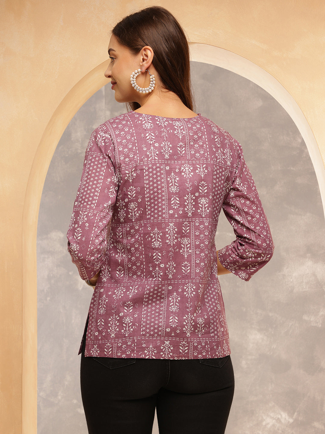 Printed Cotton Three-Quarter Sleeves Top