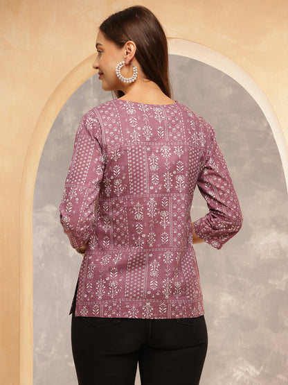 Printed Cotton Three-Quarter Sleeves Top