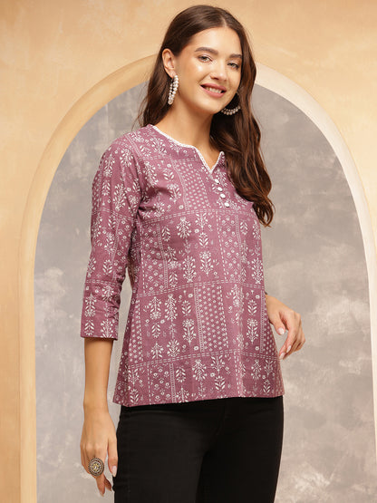 Printed Cotton Three-Quarter Sleeves Top