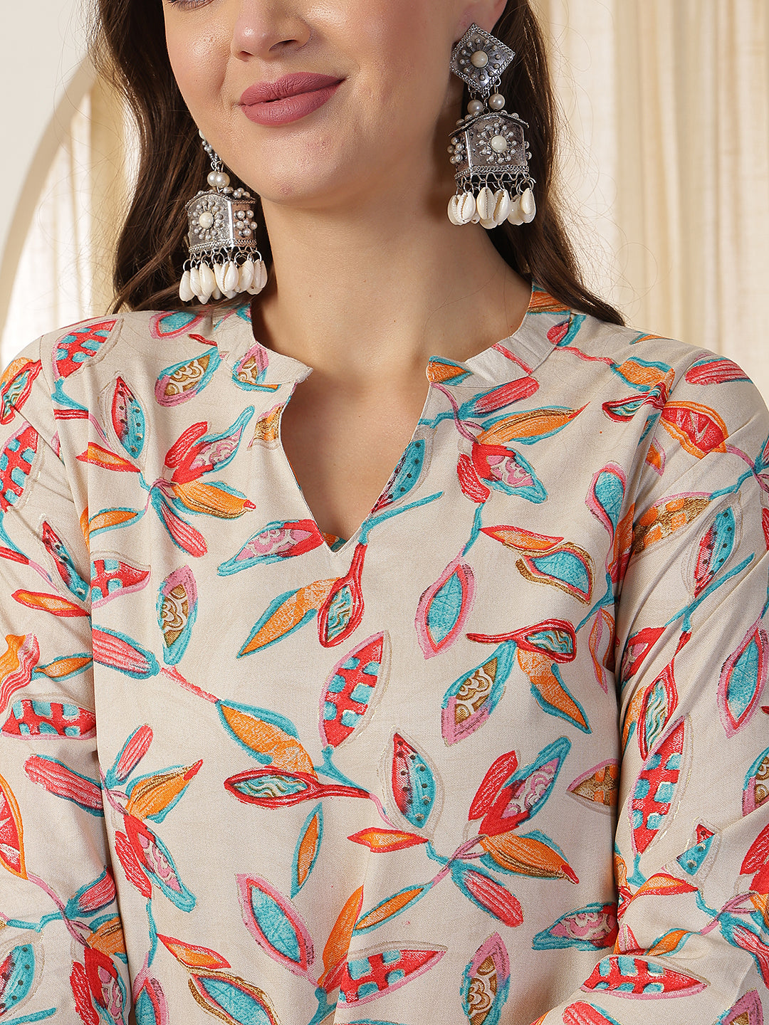 Printed Viscose Rayon Three-Quarter Sleeves Top