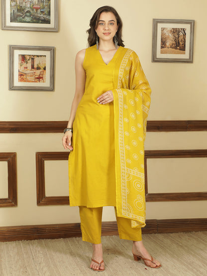 Dyed Pure Cotton Straight Kurta Set With Dupatta