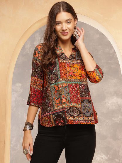Printed Viscose Rayon Three-Quarter Sleeves Top