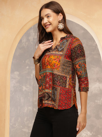 Printed Viscose Rayon Three-Quarter Sleeves Top