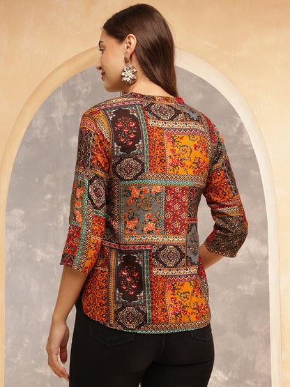 Printed Viscose Rayon Three-Quarter Sleeves Top