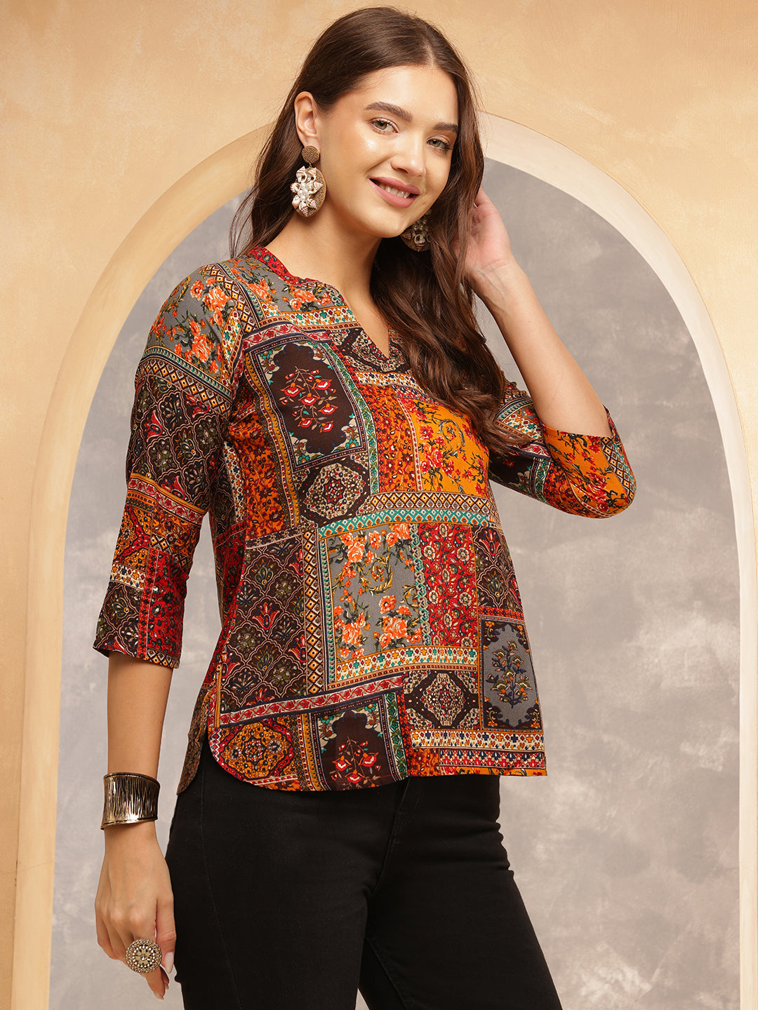 Printed Viscose Rayon Three-Quarter Sleeves Top
