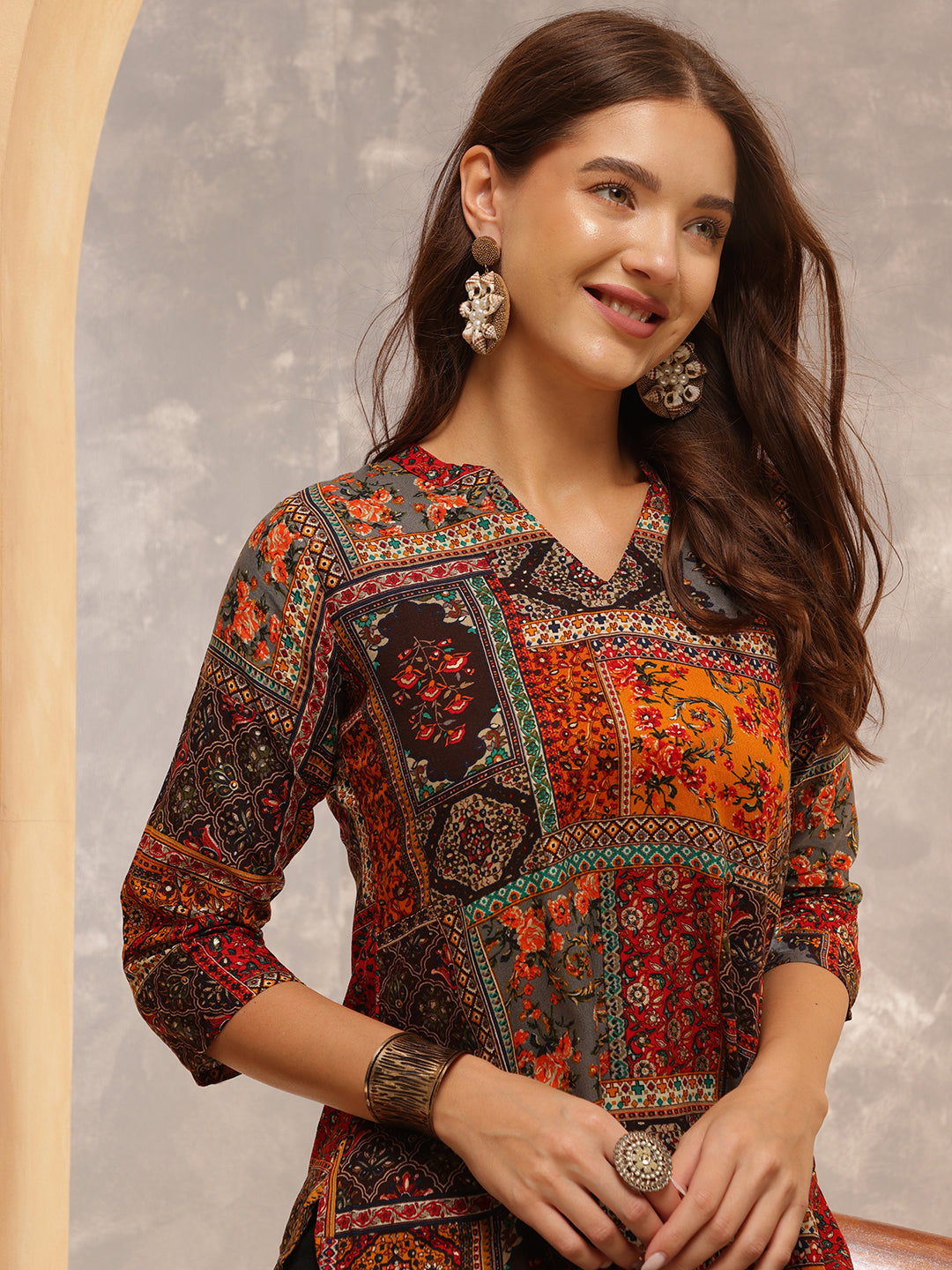 Printed Viscose Rayon Three-Quarter Sleeves Top