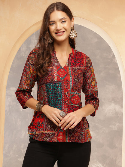 Printed Viscose Rayon Three-Quarter Sleeves Top