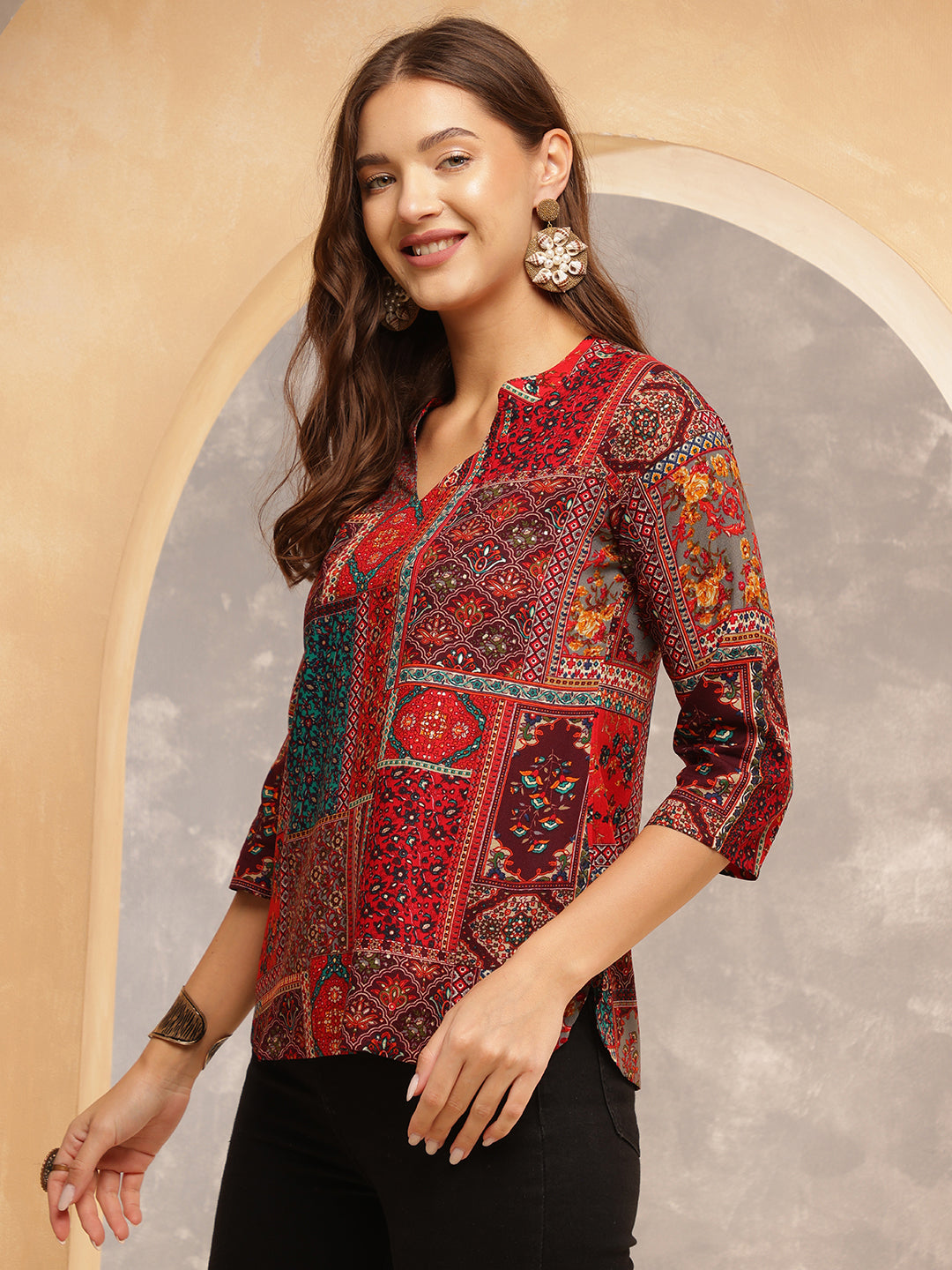 Printed Viscose Rayon Three-Quarter Sleeves Top