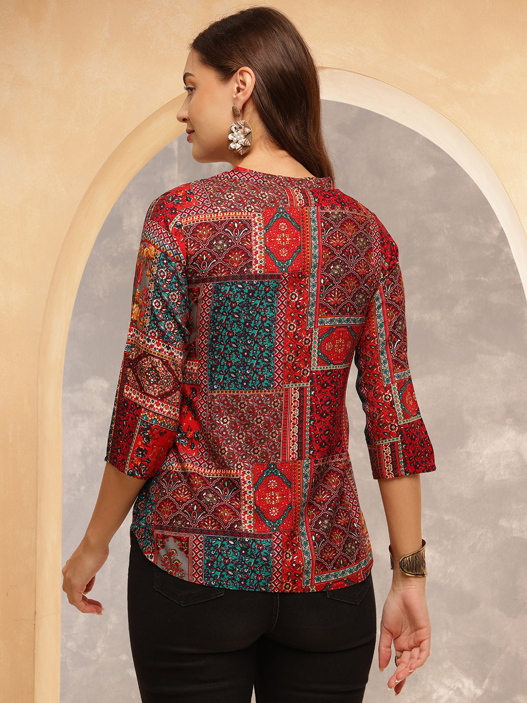 Printed Viscose Rayon Three-Quarter Sleeves Top