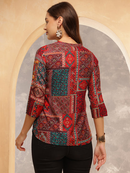 Printed Viscose Rayon Three-Quarter Sleeves Top