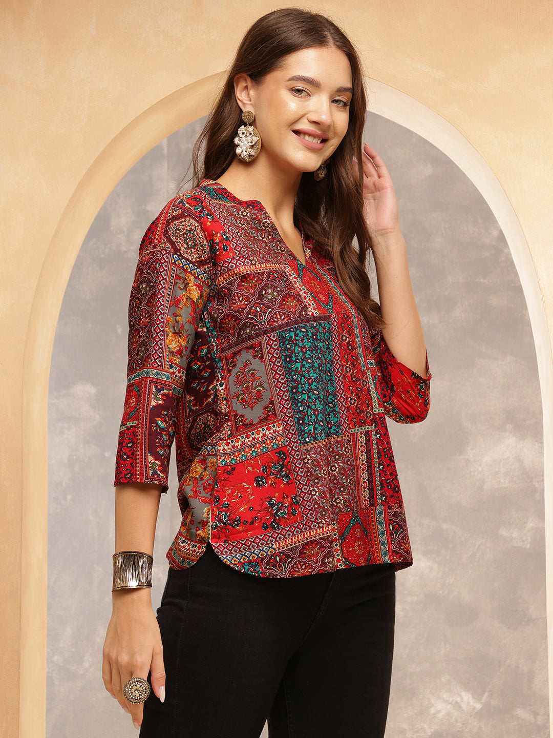 Printed Viscose Rayon Three-Quarter Sleeves Top