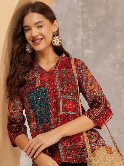 Printed Viscose Rayon Three-Quarter Sleeves Top