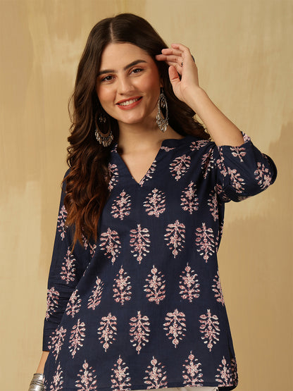 Printed Cotton Three-Quarter Sleeves Top