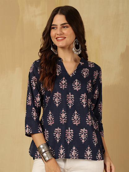 Printed Cotton Three-Quarter Sleeves Top