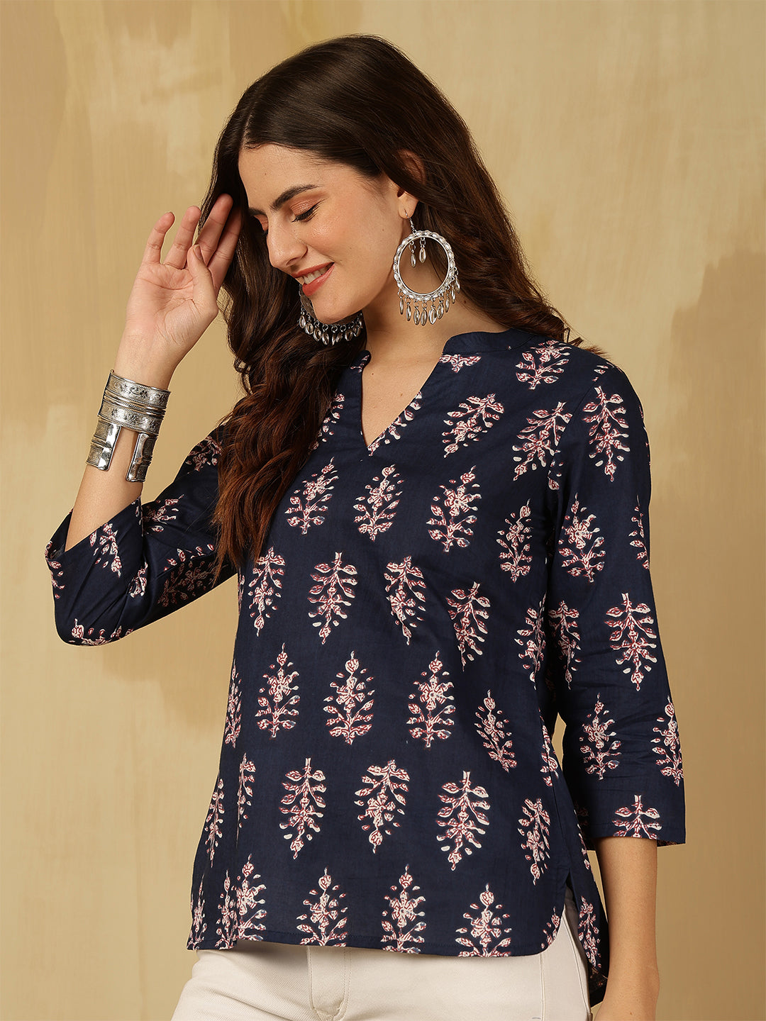 Printed Cotton Three-Quarter Sleeves Top
