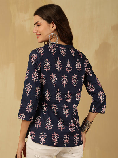 Printed Cotton Three-Quarter Sleeves Top