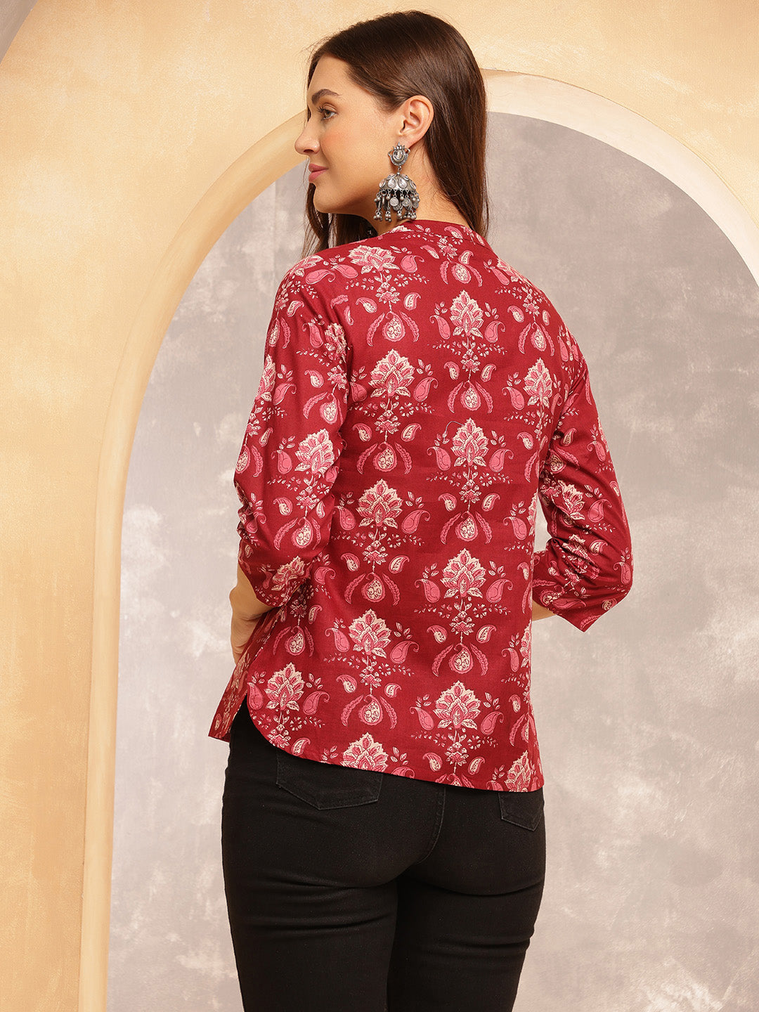 Printed Cotton Three-Quarter Sleeves Top