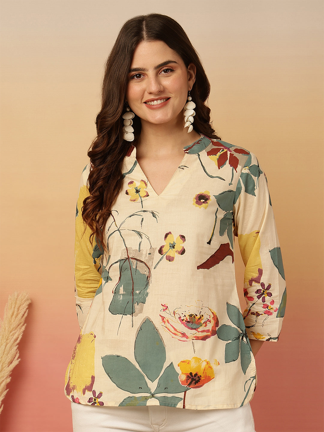 Printed Cotton Three-Quarter Sleeves Top
