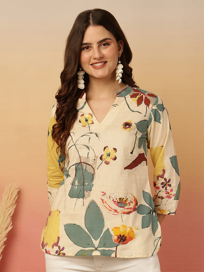 Printed Cotton Three-Quarter Sleeves Top