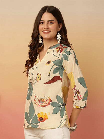 Printed Cotton Three-Quarter Sleeves Top