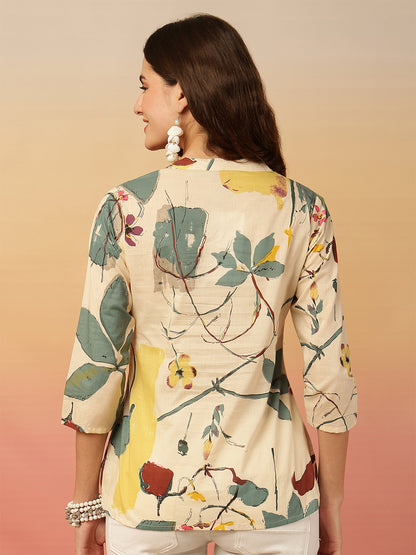 Printed Cotton Three-Quarter Sleeves Top