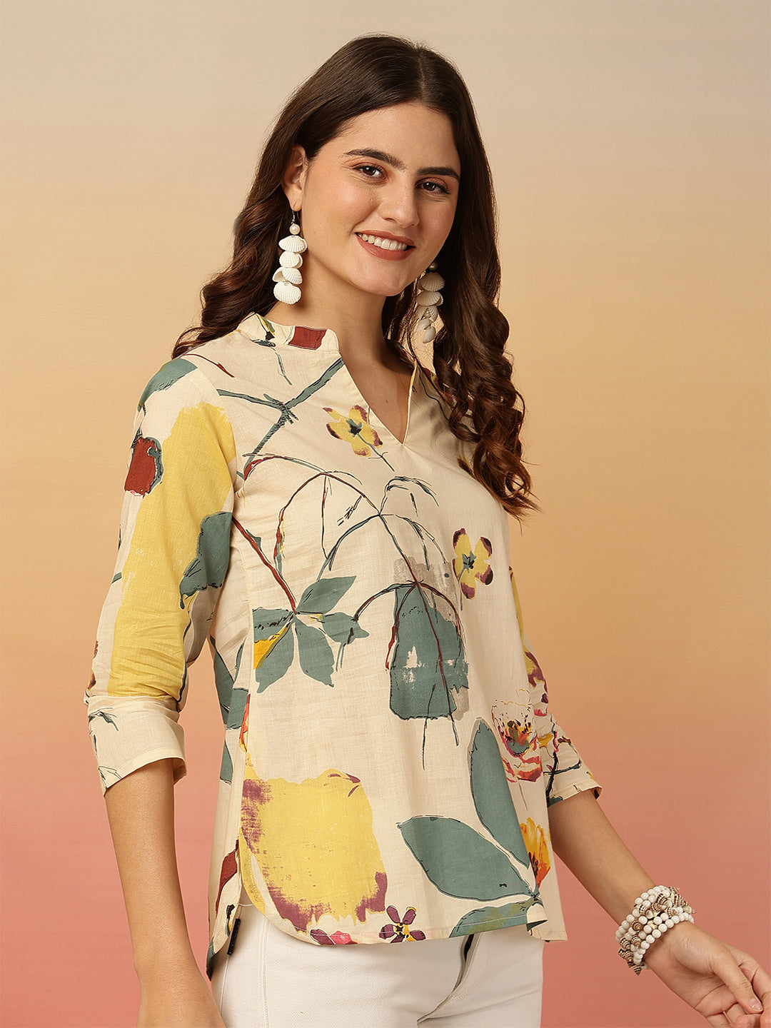 Printed Cotton Three-Quarter Sleeves Top
