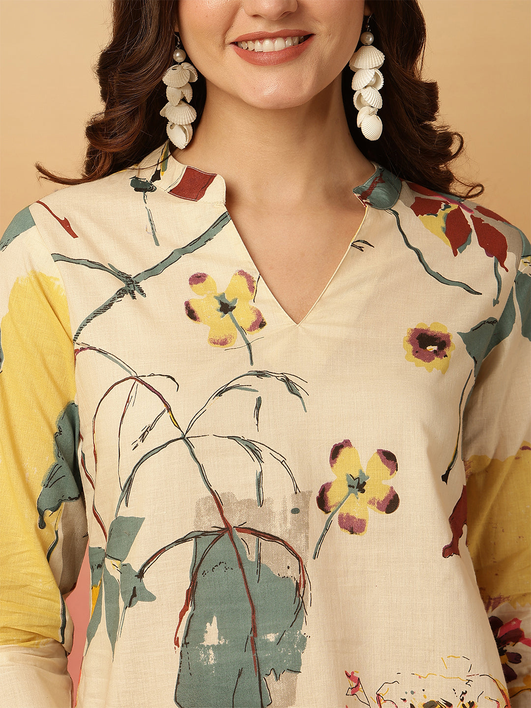 Printed Cotton Three-Quarter Sleeves Top
