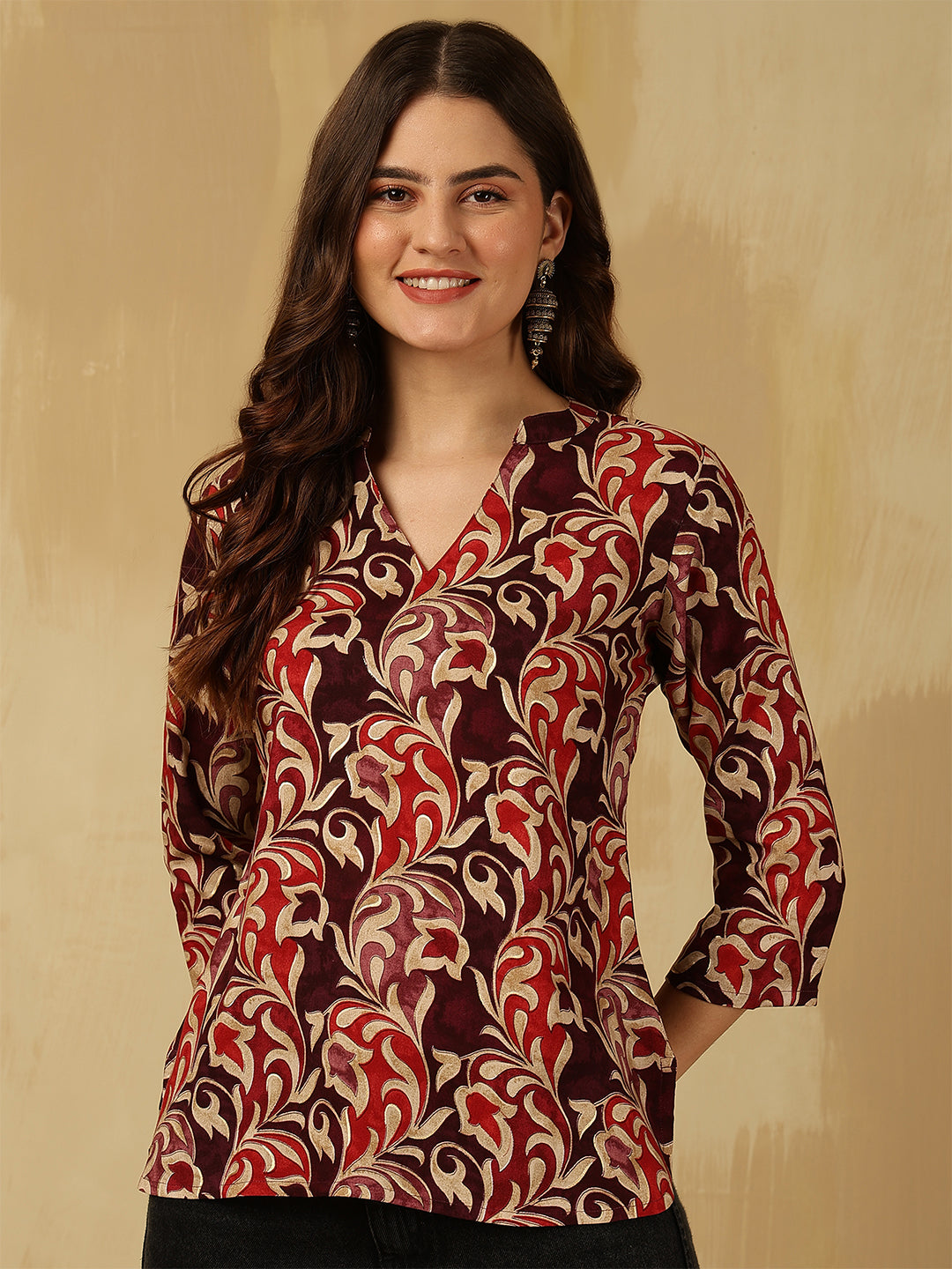 Printed Viscose Rayon Three-Quarter Sleeves Top