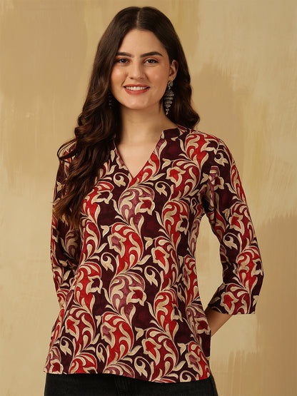 Printed Viscose Rayon Three-Quarter Sleeves Top