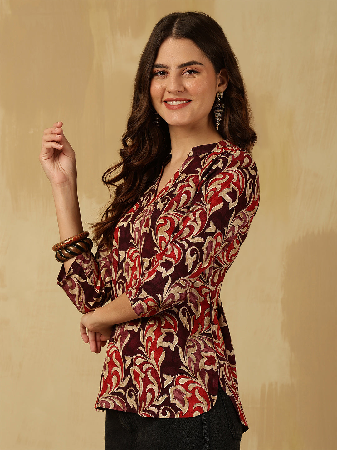 Printed Viscose Rayon Three-Quarter Sleeves Top