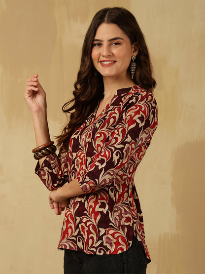Printed Viscose Rayon Three-Quarter Sleeves Top