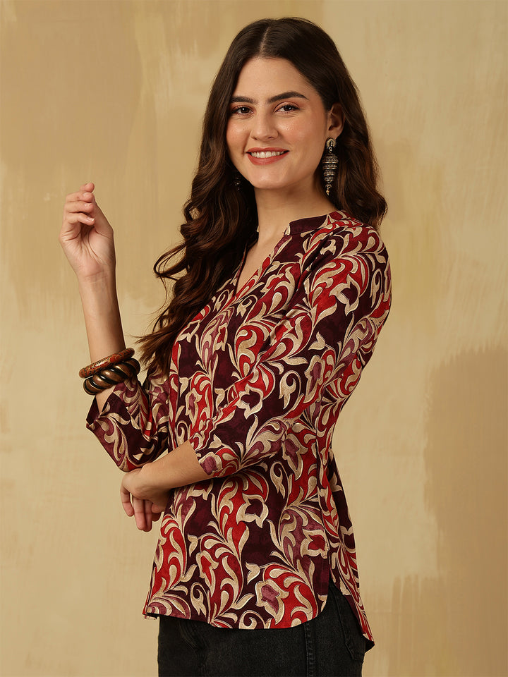 Printed Viscose Rayon Three-Quarter Sleeves Top