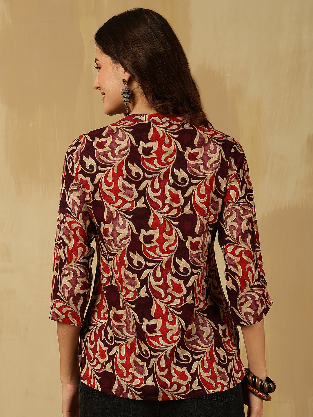 Printed Viscose Rayon Three-Quarter Sleeves Top