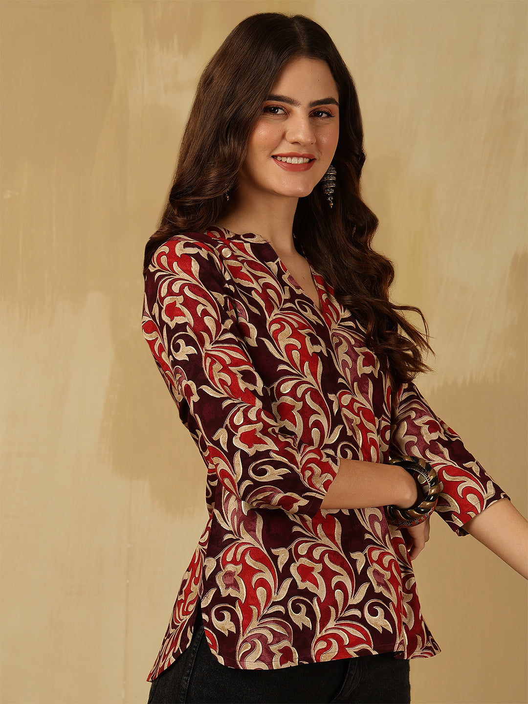 Printed Viscose Rayon Three-Quarter Sleeves Top