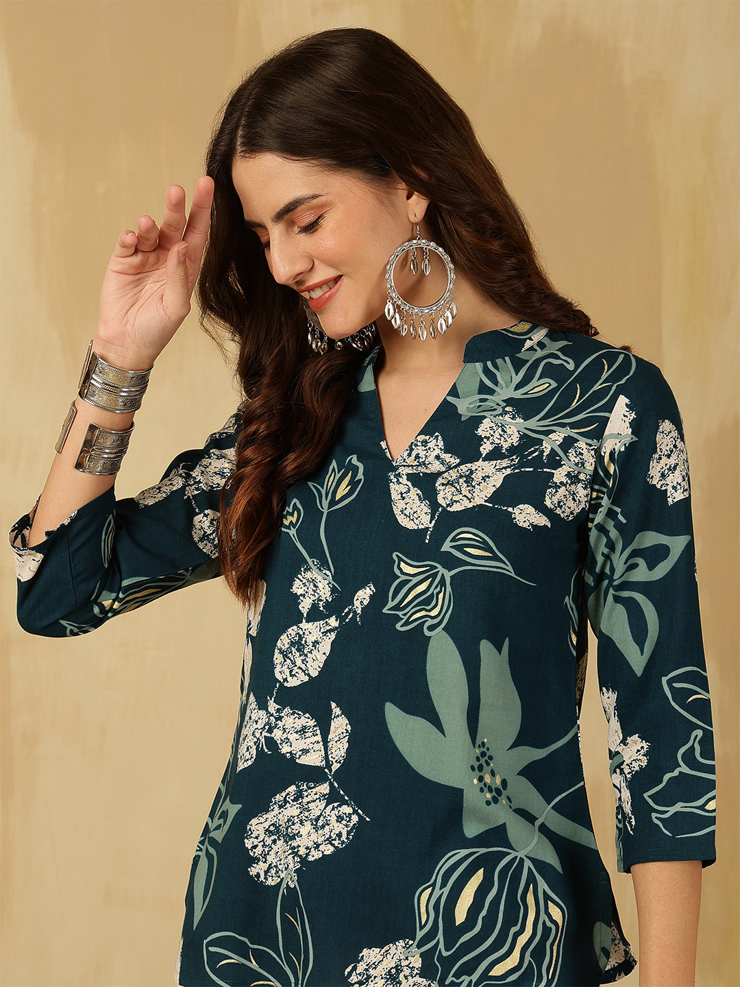 Printed Viscose Rayon Three-Quarter Sleeves Top