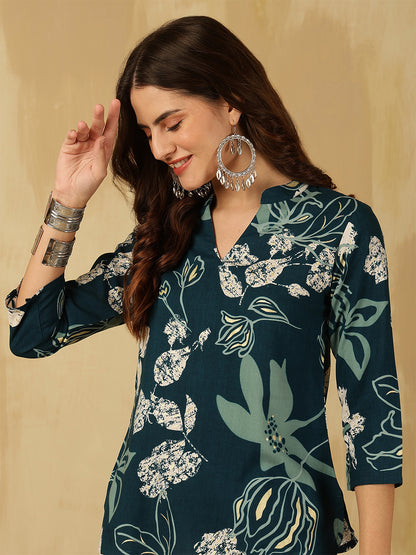 Printed Viscose Rayon Three-Quarter Sleeves Top