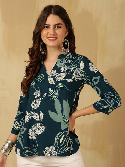 Printed Viscose Rayon Three-Quarter Sleeves Top