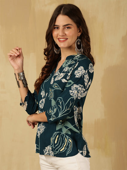 Printed Viscose Rayon Three-Quarter Sleeves Top