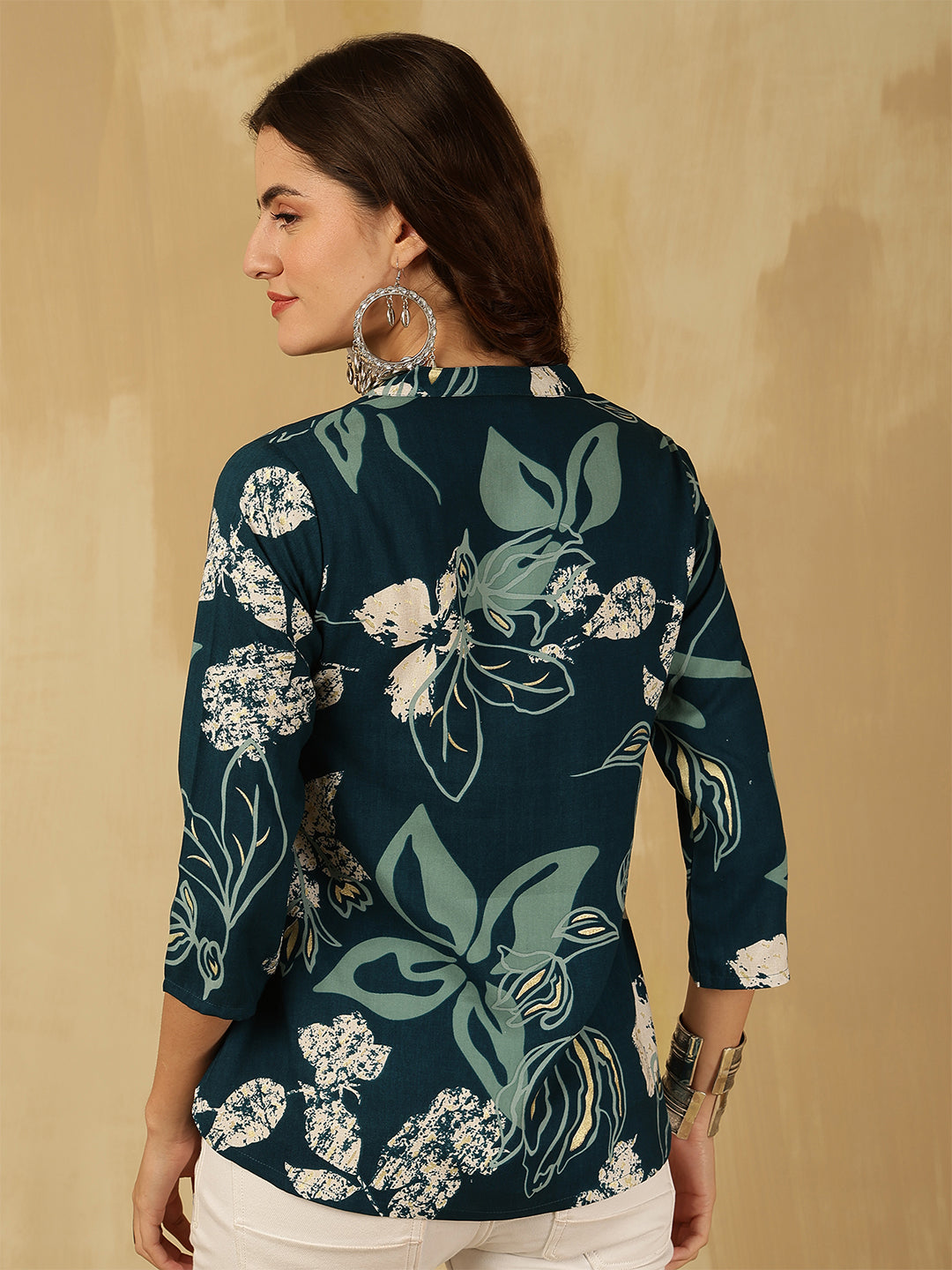 Printed Viscose Rayon Three-Quarter Sleeves Top
